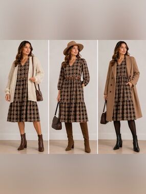 YAS Plaid Tiered Midi Dress – Tan & Black – Size S